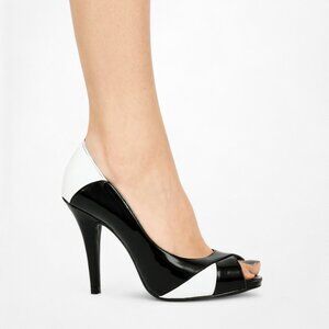 Nine West Black White Patent Faux Leather Peep Toe Stiletto Heels Pump Size 6